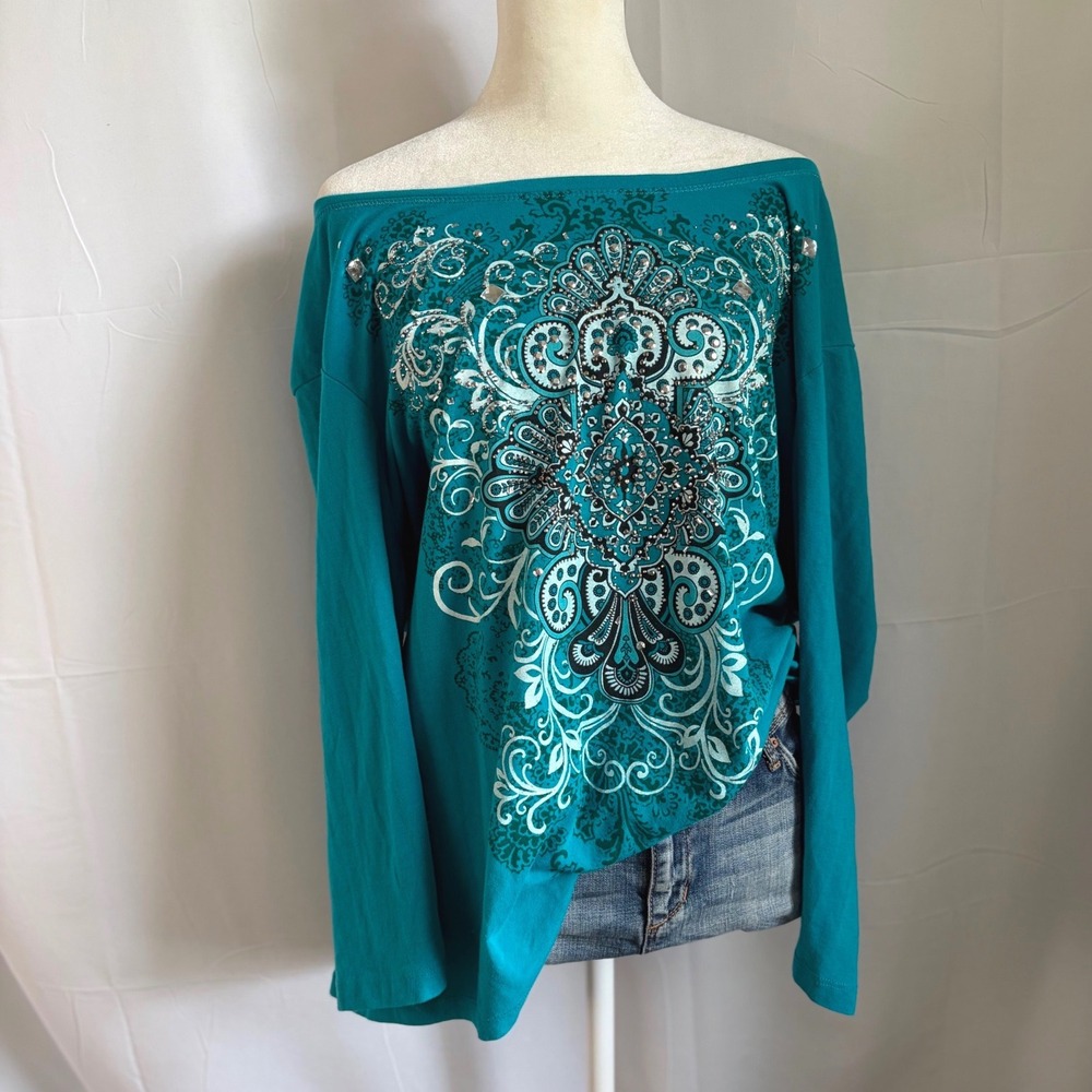 Y2K McBling Grunge Teal Medallion Rhinestone Boat Neck Long Sleeve Top Plus Size